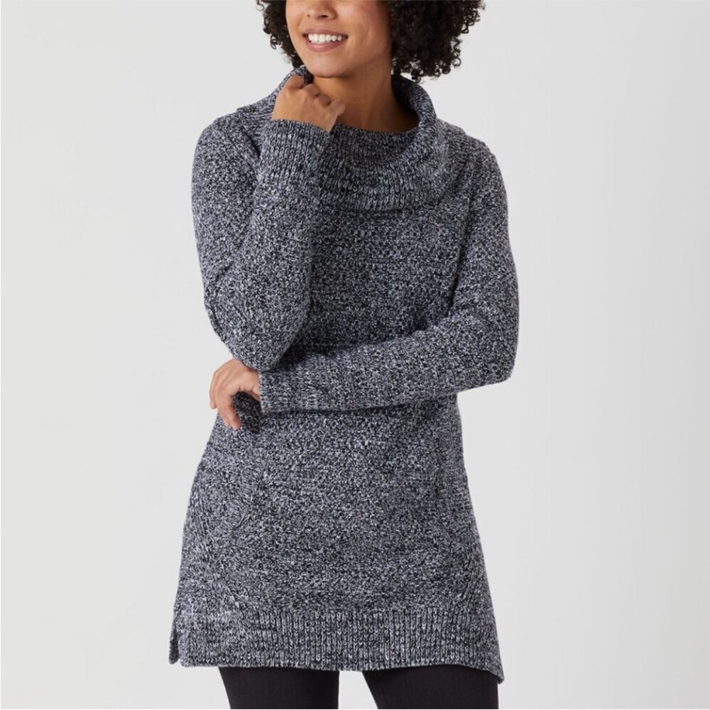 Duluth Trading Co Heritage Cowl Neck Tunic Sweater‎ Womens L Black White Knit